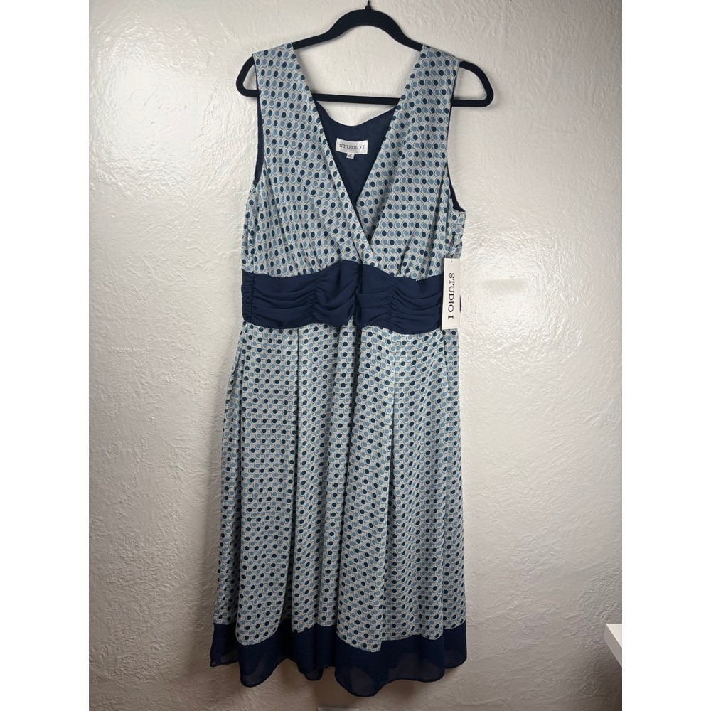 NWT Fit Flare Sleeveless Dress Sz 18 Blue Geometric Wedding‎ Guest Pin-up Whimsy